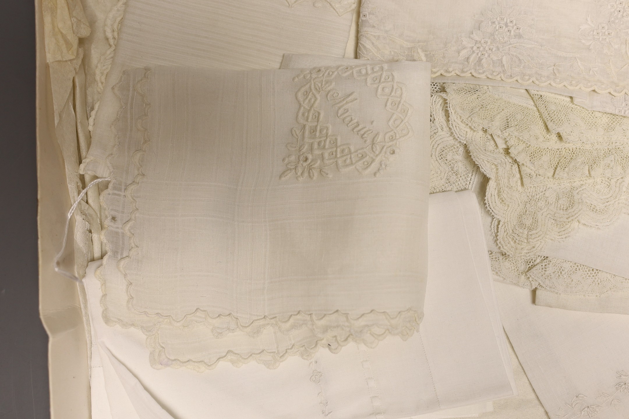 Ten mixed mostly 19th century hand white worked, some lace edged, hankies
